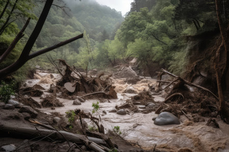 flash flood rushing down a mountain side, with debris and fallen trees in its path, created with generative aiの素材