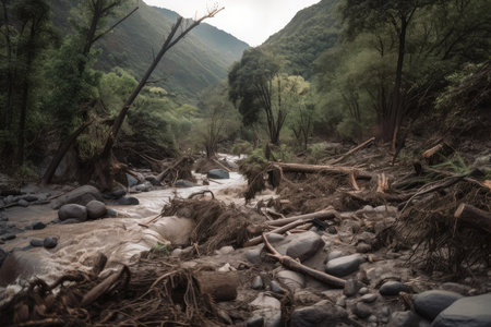 flash flood rushing down a mountain side, with debris and fallen trees in its path, created with generative aiの素材