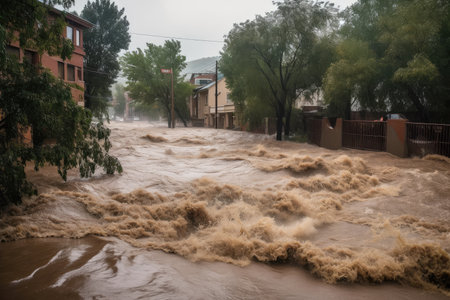 flash flood rushing through town, carrying debris and wreaking havoc, created with generative aiの素材