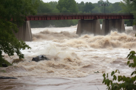 flash flood roars past bridge, with water levels rising and threatening to topple the structure, created with generative aiの素材