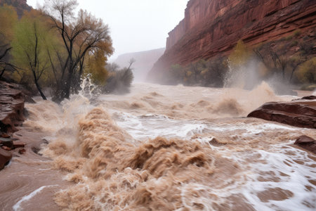 flash flood rushing through a canyon, with the water overflowing its banks, created with generative aiの素材
