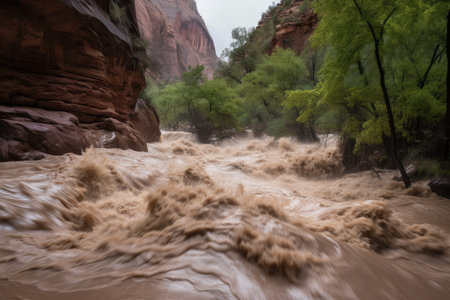 flash flood rushing through a canyon, with the water overflowing its banks, created with generative aiの素材