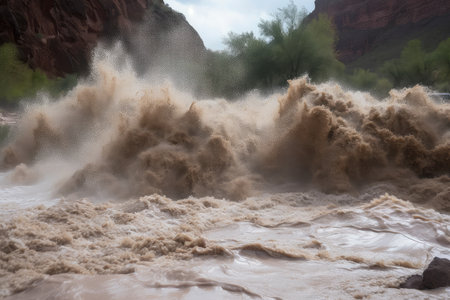 flash flood roars down a canyon, carrying debris and forming powerful current, created with generative aiの素材