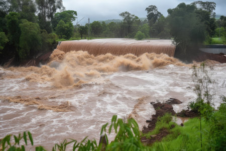 flash flood causing a temporary dam that blocks the river, created with generative aiの素材