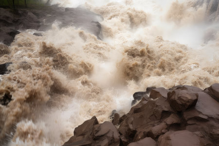 up-close view of flash flood, with water rushing and crashing over rocks, created with generative aiの素材