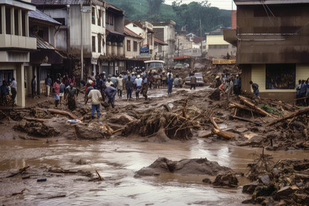 view of flash flood carrying debris through town, with people fleeing to safety, created with generative aiの素材