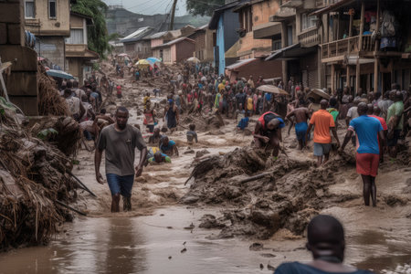 view of flash flood carrying debris through town, with people fleeing to safety, created with generative aiの素材