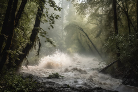 flash flood racing through forest, with trees bending under the force of rushing water, created with generative aiの素材
