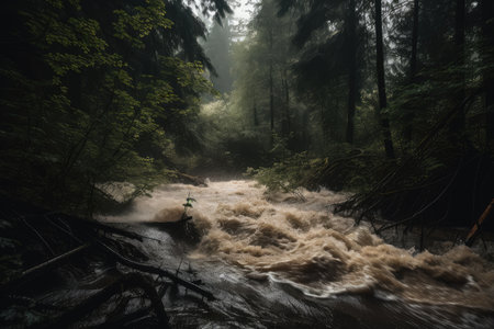 flash flood racing through forest, with trees bending under the force of rushing water, created with generative aiの素材