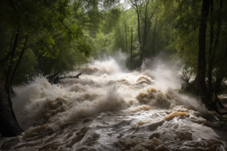 flash flood racing through forest, with trees bending under the force of rushing water, created with generative aiの素材