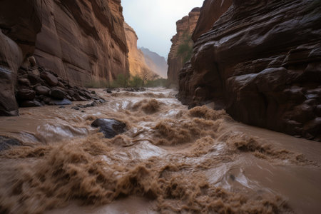 flash flood rushing down a narrow canyon, with walls of rock rising on either side, created with generative aiの素材