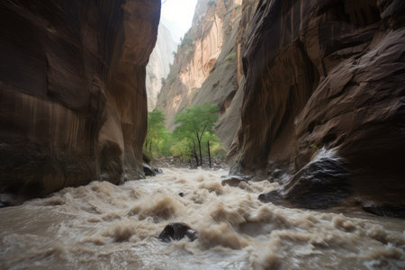 flash flood rushing down a narrow canyon, with walls of rock rising on either side, created with generative aiの素材