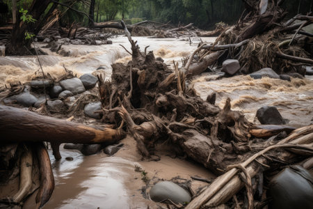close-up of raging flash flood, with debris and logs floating past, created with generative aiの素材