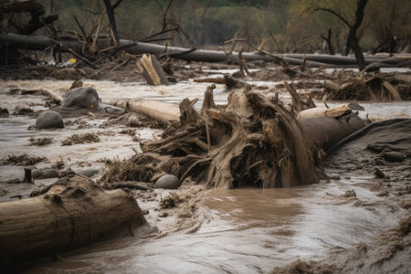 close-up of raging flash flood, with debris and logs floating past, created with generative aiの素材