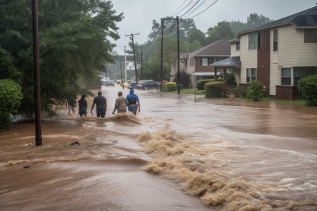 a flash flood rushes through a residential neighborhood, with residents fleeing the water and chaos, created with generative aiの素材