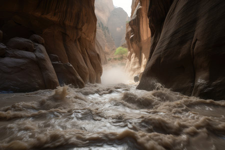 flash flood rushing down a narrow canyon, with walls of rock towering overhead, created with generative aiの素材