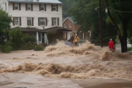 flash flood rushing over riverbank and into neighborhood, with people fleeing the rising water, created with generative aiの素材