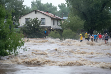 flash flood rushing over riverbank and into neighborhood, with people fleeing the rising water, created with generative aiの素材