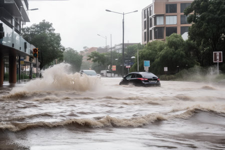 flash flood rushes through city, bringing with it the threat of destruction, created with generative aiの素材