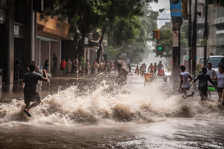 flash flood rushing through city street, with people running for their lives, created with generative aiの素材