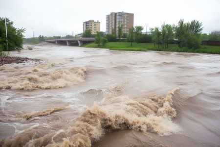 flash flood rushes over riverbank, flooding the surrounding area, created with generative aiの素材