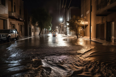 view of flash flood rushing down the middle of a deserted street in the night, created with generative aiの素材