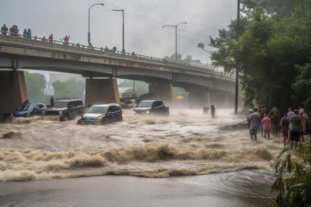 flash flood rushing over a bridge, with cars and people in the water, created with generative aiの素材