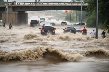 flash flood rushing over a bridge, with cars and people in the water, created with generative aiの素材