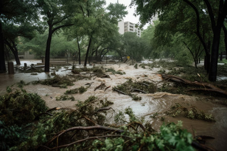 flash flood rushes through a park, carrying debris and uprooting trees, created with generative aiの素材