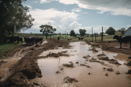 flash flood in farm field, with crops washed away and livestock running for safety, created with generative aiの素材