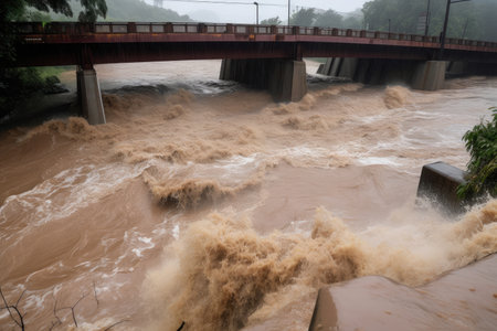 flash flood engulfs bridge, with cars and people swept away in raging waters, created with generative aiの素材