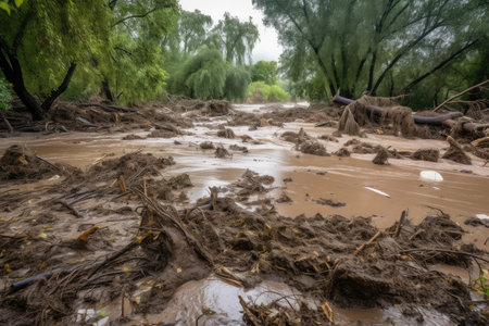 flash flood cascades over the side of riverbank, depositing debris and litter, created with generative aiの素材