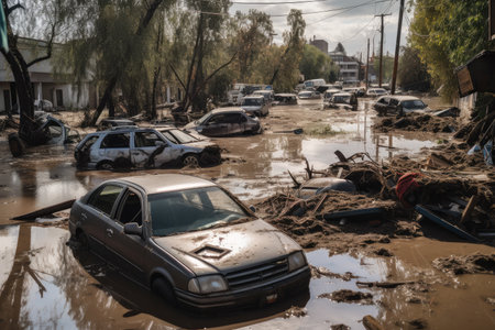 flash flood disaster zone, with cars and other debris floating in the water, created with generative aiの素材