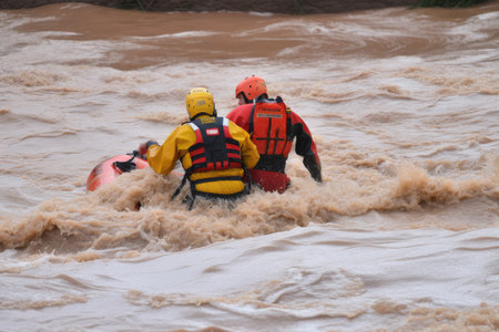 flash flood rescue, with person being pulled from rushing waters and into safety, created with generative aiの素材