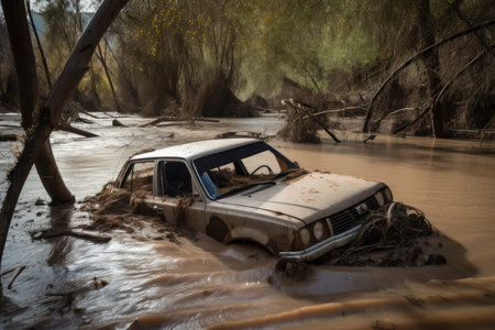 flash flood waters rushing past abandoned car, with only the roof visible, created with generative aiの素材
