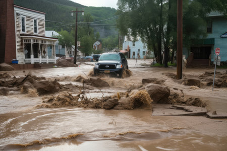 flash flood rushes through town, taking with it debris and vehicles, created with generative aiの素材