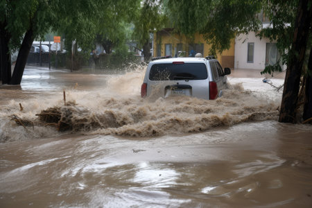 flash flood rushes through town, taking with it debris and vehicles, created with generative aiの素材