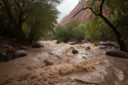 flash flood rushes through deep and winding canyon, with trees and rocks washed downstream, created with generative aiの素材