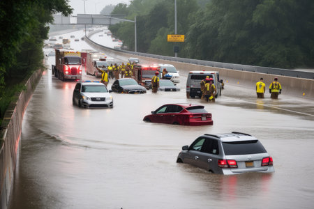 flash flood rescue on a busy highway with cars stranded in the rising water, created with generative aiの素材