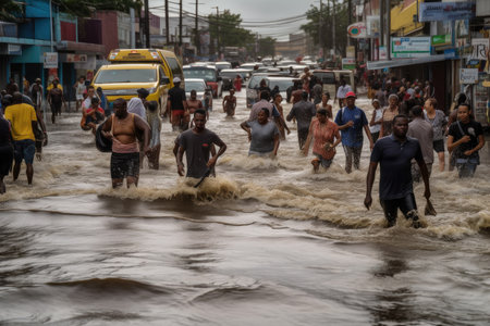 flash flood rushes through a busy street, with people rushing to escape the rising water, created with generative aiの素材