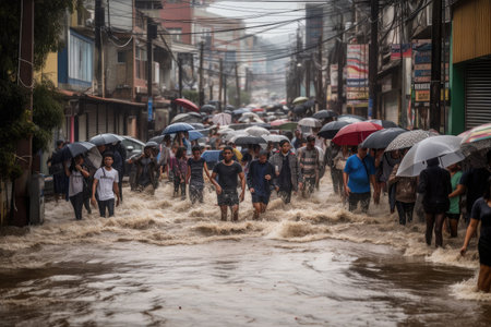 flash flood rushes through a busy street, with people rushing to escape the rising water, created with generative aiの素材