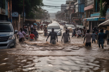 flash flood rushes through a busy street, with people rushing to escape the rising water, created with generative aiの素材
