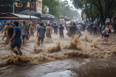 flash flood rushes through a busy street, with people rushing to escape the rising water, created with generative aiの素材