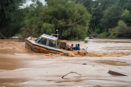 flash flood causes a boat to capsize and float downstream, created with generative aiの素材