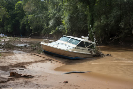 flash flood causes a boat to capsize and float downstream, created with generative aiの素材