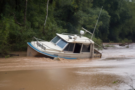 flash flood causes a boat to capsize and float downstream, created with generative aiの素材