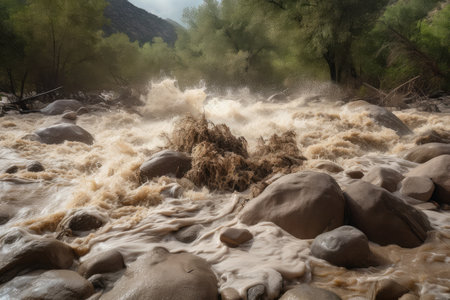 flash flood rushing over rock and debris on riverbed, created with generative aiの素材