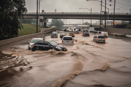 flash flood rushing over bridge, with cars and people in its path, created with generative aiの素材