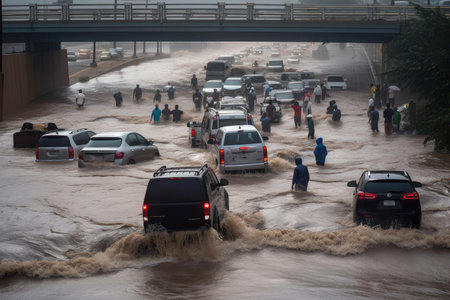 flash flood rushing over bridge, with cars and people in its path, created with generative aiの素材