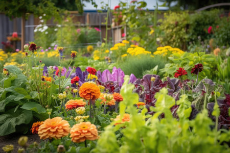 close-up of colorful flower garden with vegetable patches in the background, created with generative aiの素材